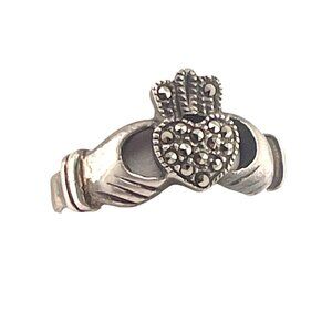 Vintage Irish Claddagh Ring With Marcasite Stones Sterling Silver Size 8